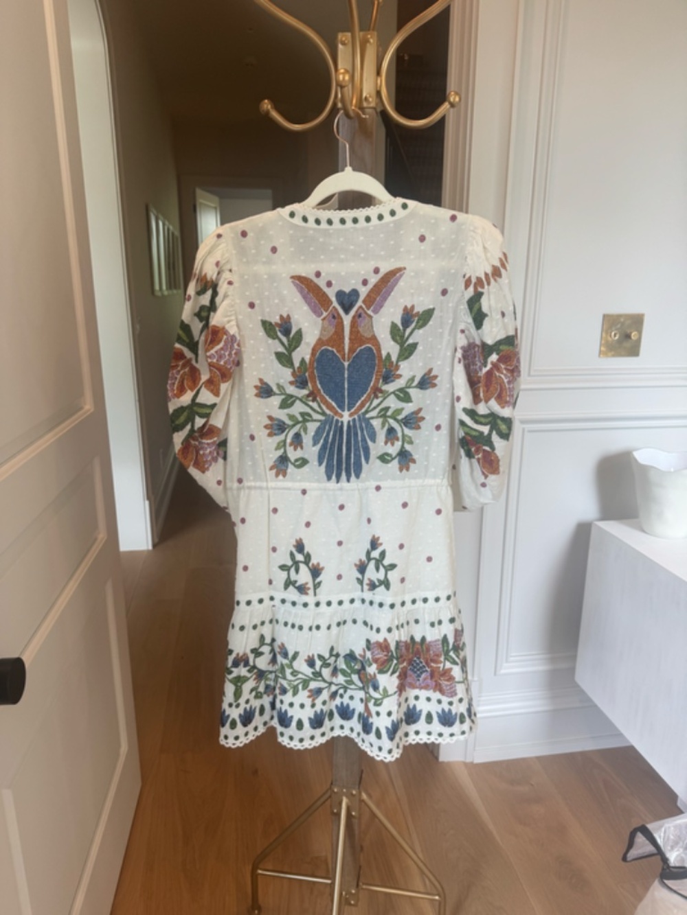 FARM RIO Floral Bird Embroidered Mini Dress Puff Sleeve Boho Size M - Picture 3 of 3